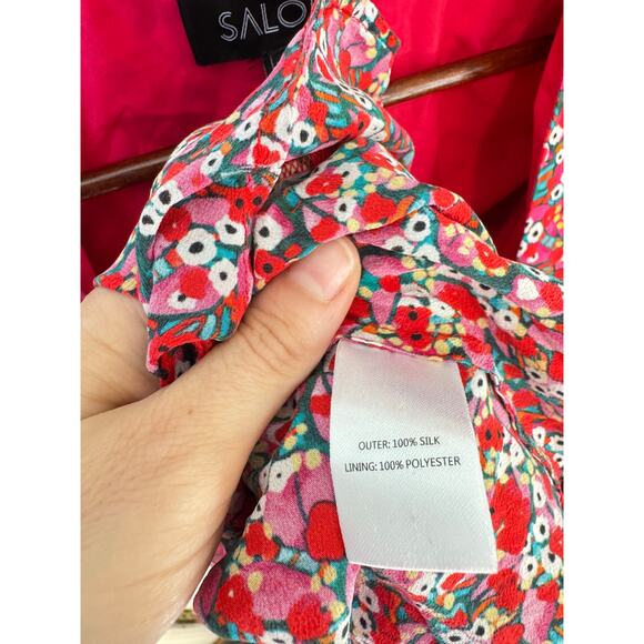 SALONI Lea Wrap Dress Red Pink Poppyfield Silk Size 6 EUC Maximalist Floral Mini - Picture 13 of 15